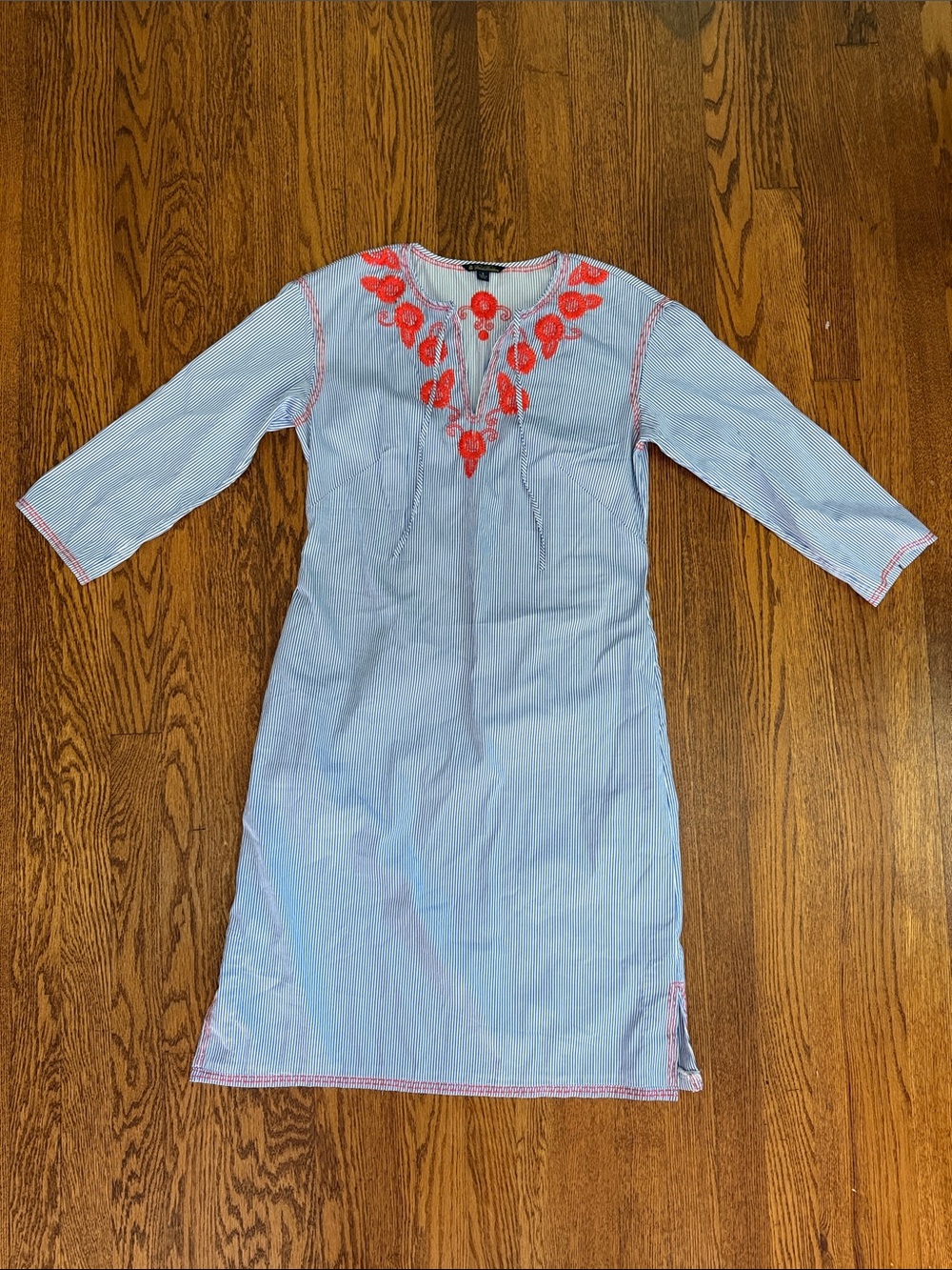 Brooks Brothers Light Blue Midi Dress with Coral Embroidered Yoke